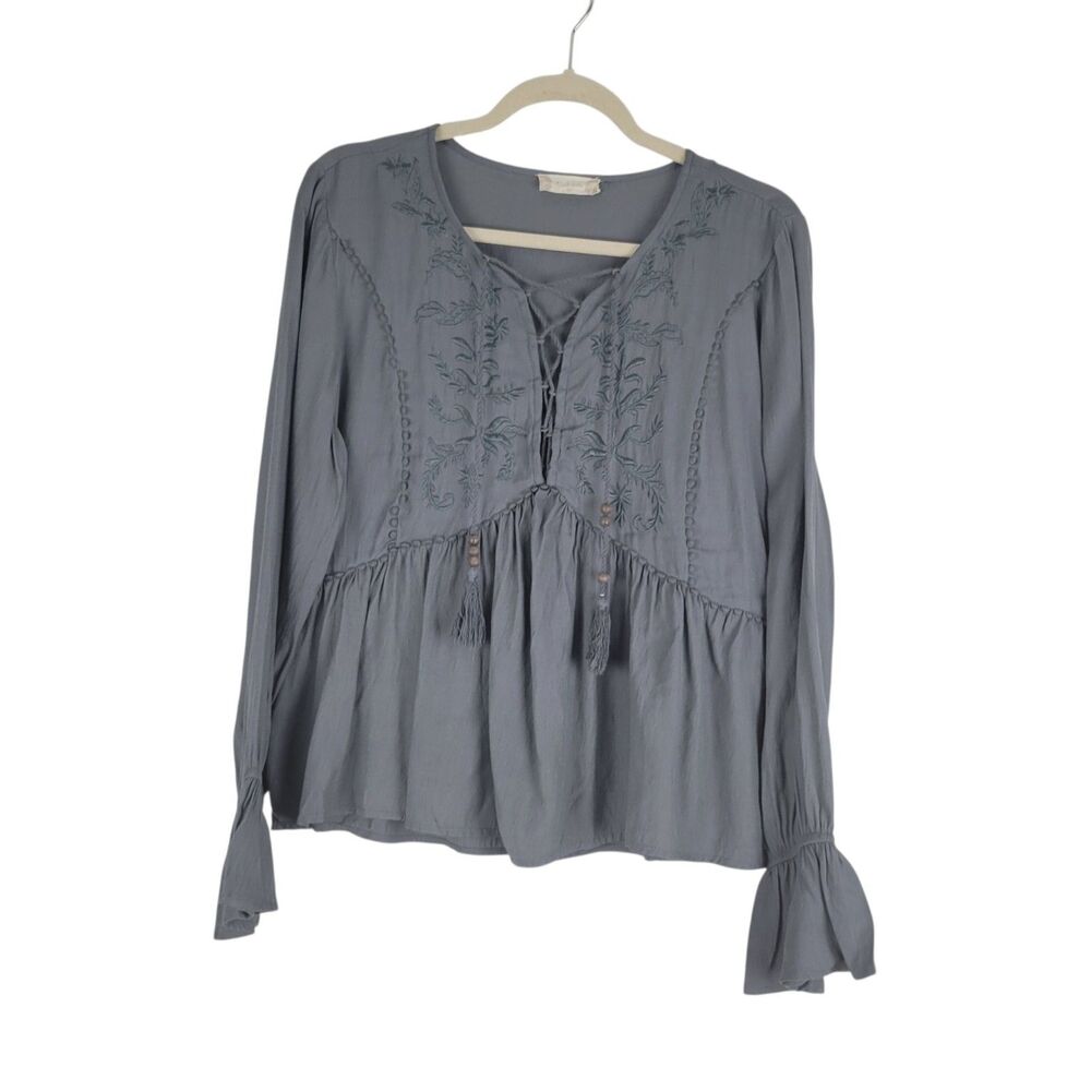 Altar’d State Top M Slate Gray Lace Embroidered Tiered Ruffle Bell Sleeve Boho
